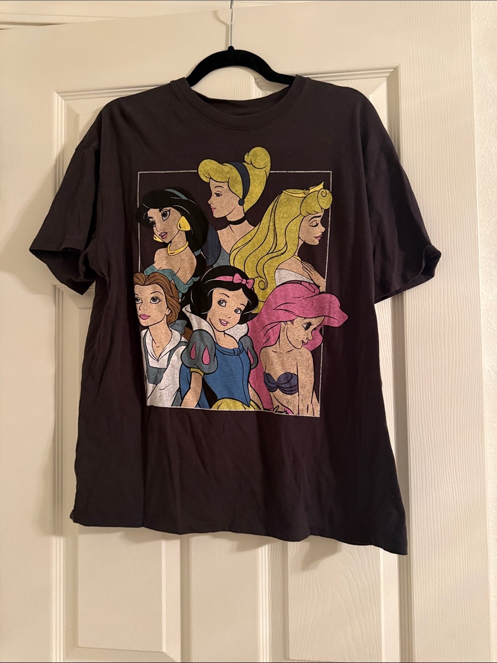 Disney Women's Black Graphic Tee with Colorful Princesses